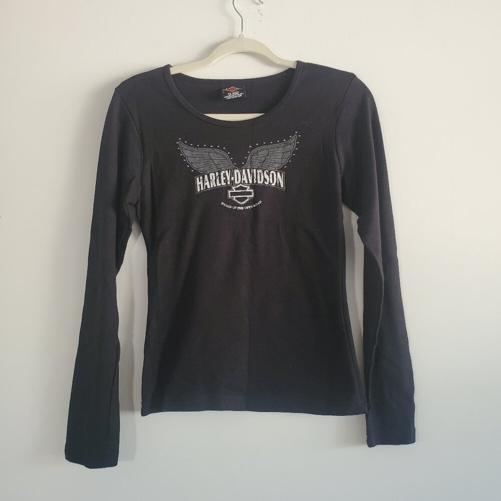 Harley Davidson Women's Baby Tee Small Black Long Sleeve Biker Grunge Alt